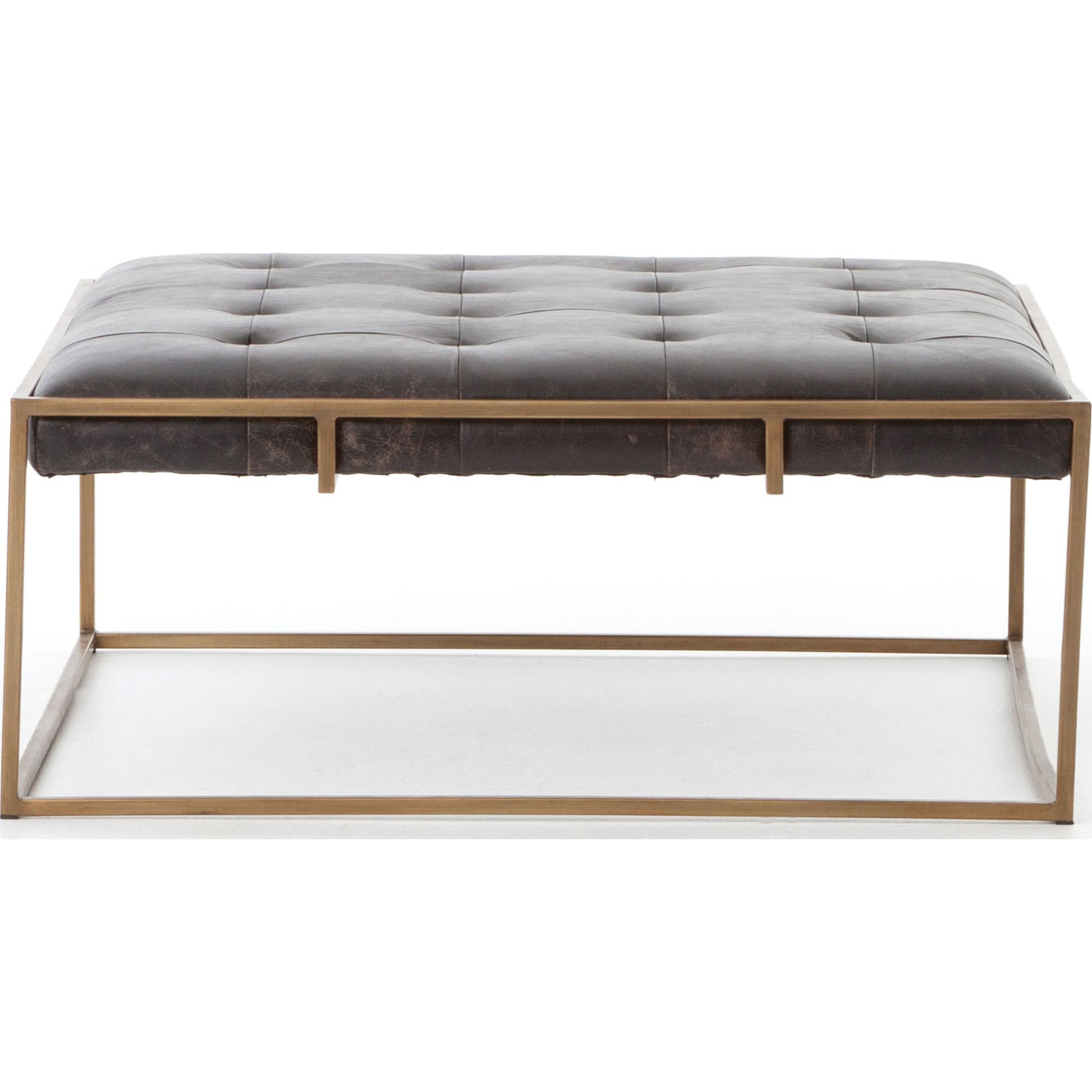 Oxford Square Coffee Table by Four Hands in rialto ebony, antique brass. Made from top grain leather, iron, 100% polyester in a modern style.