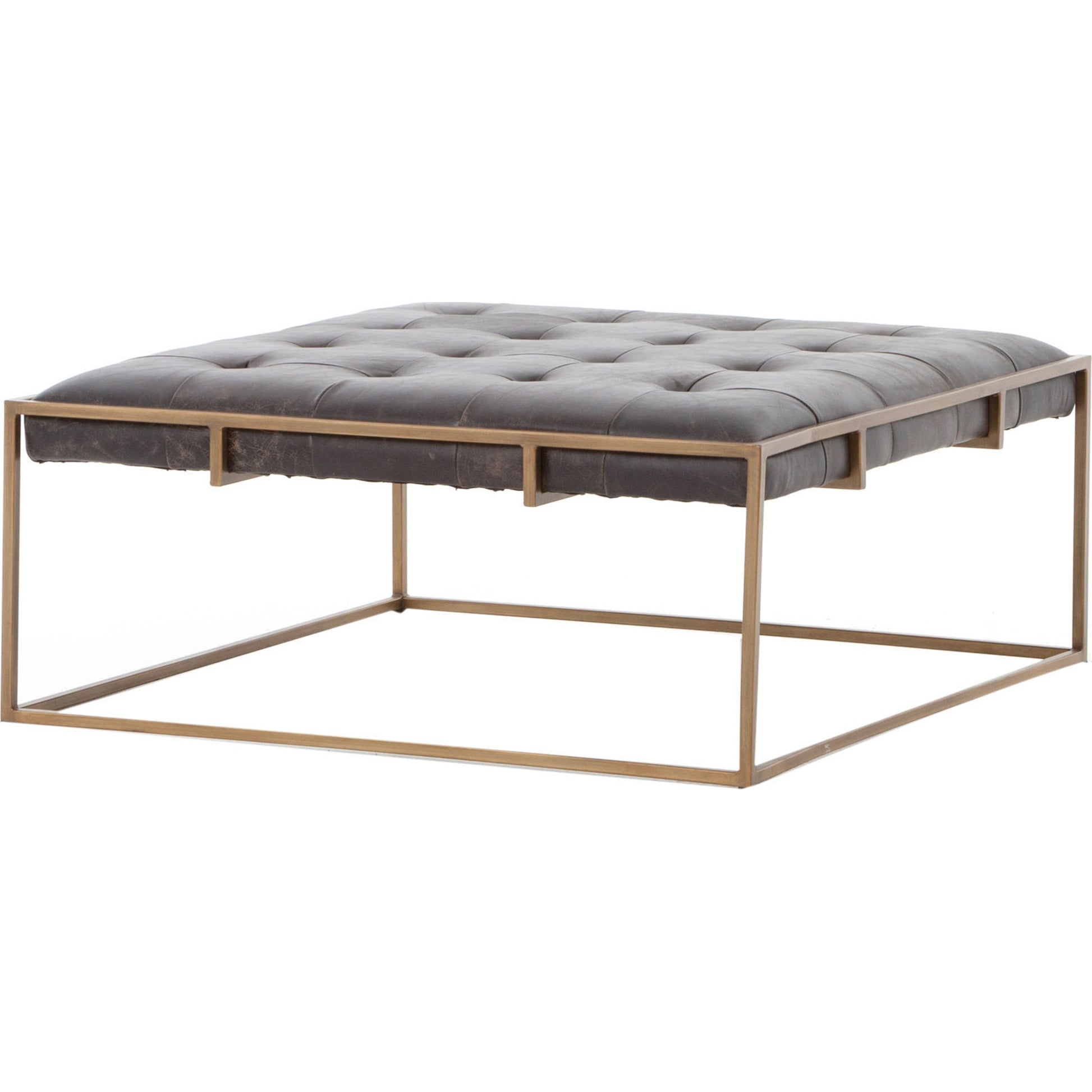 Oxford Square Coffee Table by Four Hands in rialto ebony, antique brass. Made from top grain leather, iron, 100% polyester in a modern style.