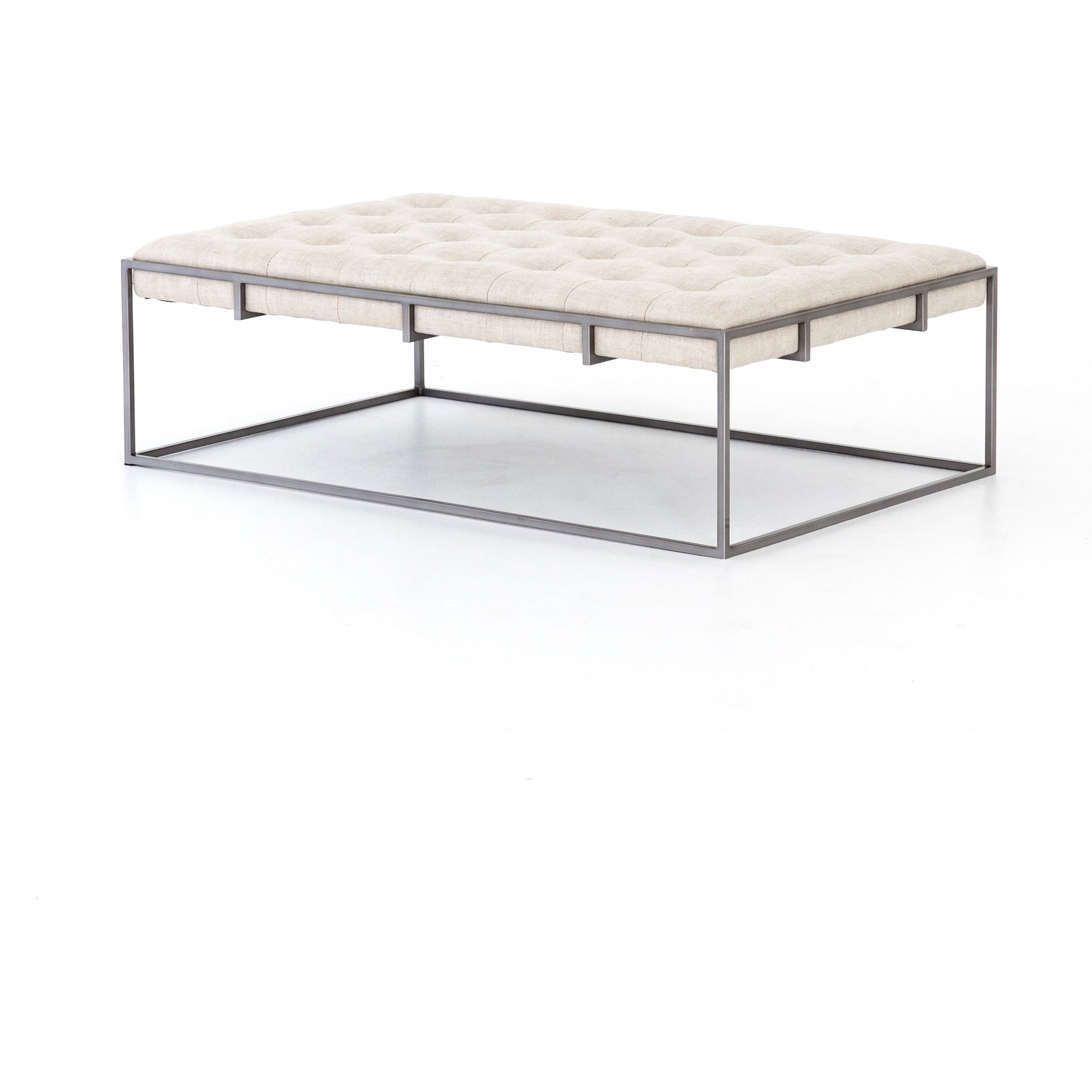 Oxford Coffee Table by Four Hands in rialto ebony and antique brass. Made from top grain leather, iron, 100% polyester in a modern style.