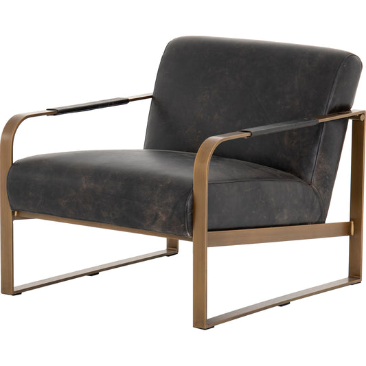Jules Leather Chair by Four Hands in antique brass, rialto ebony and rialto ebony. Made from top grain leather, iron, 100% polyester in a modern style.