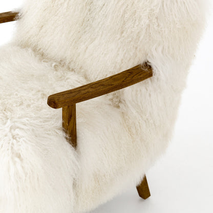Ashland Armchair by Four Hands in mongolia cream fur, drifted oak. Made from mongolia fur, solid oak, 100% polyester in a modern style.