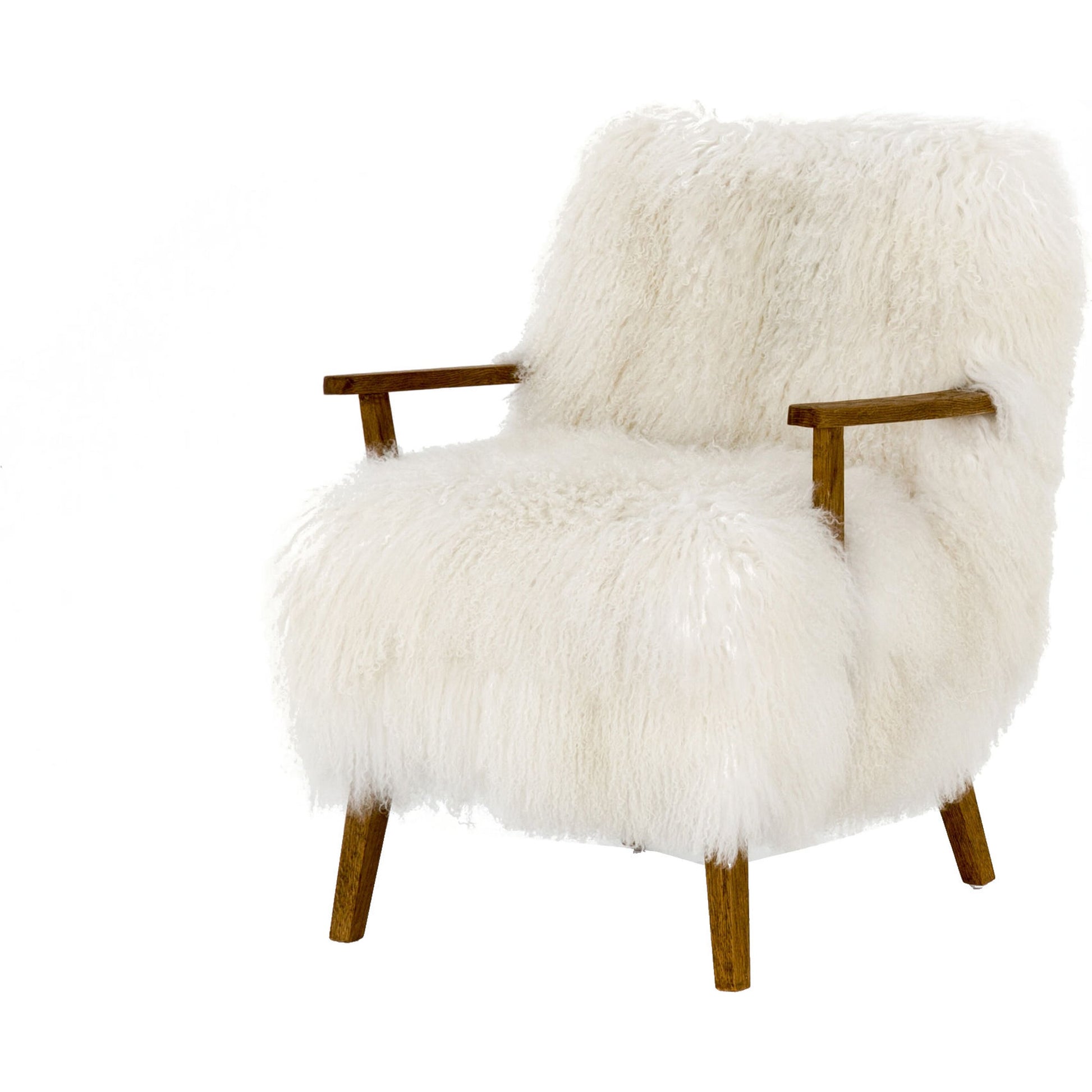 Ashland Armchair by Four Hands in mongolia cream fur, drifted oak. Made from mongolia fur, solid oak, 100% polyester in a modern style.