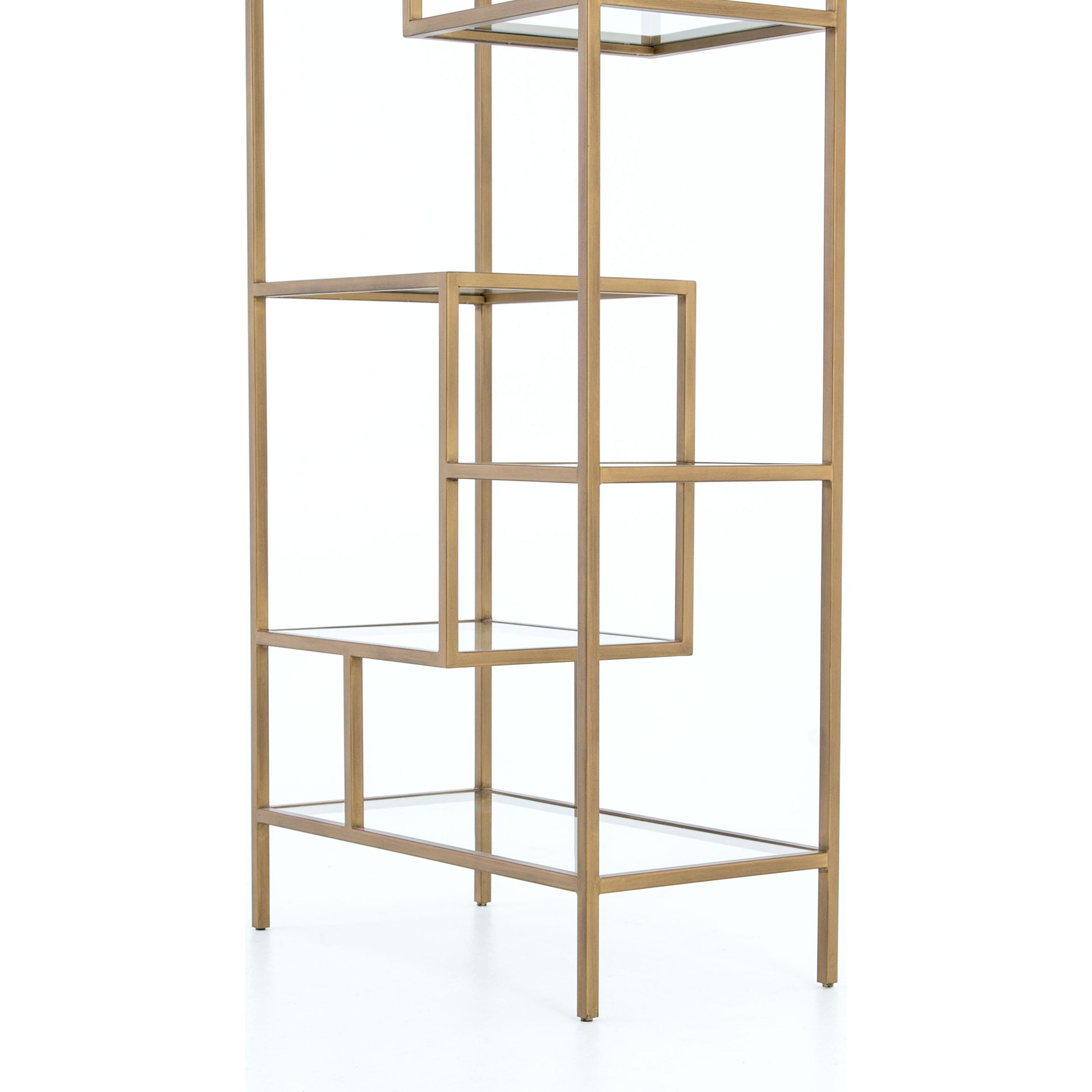 Helena Bookcase by Four Hands in antique brass, clear glass. Made from iron, tempered glass in a cottage & farmhouse style.