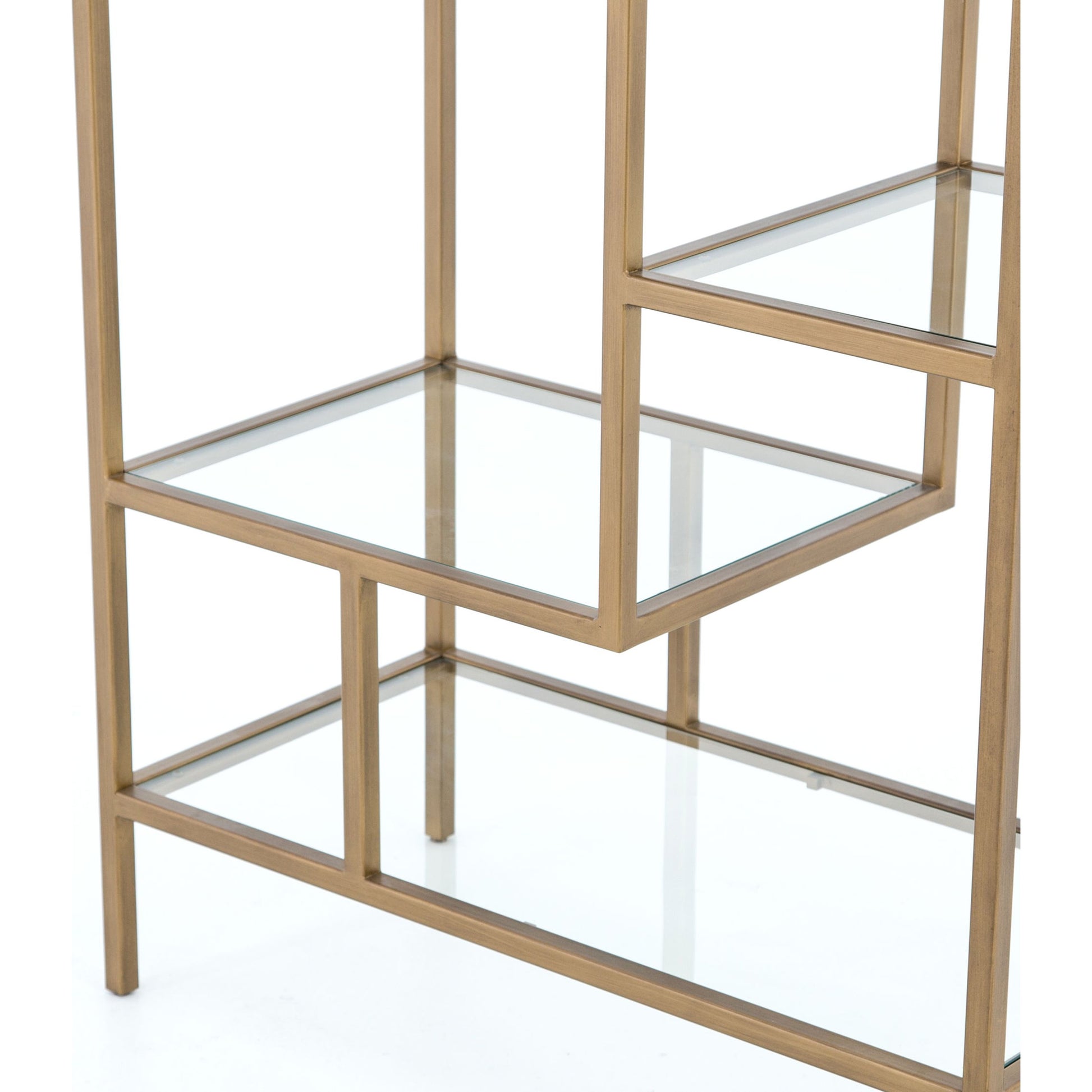 Helena Bookcase by Four Hands in antique brass, clear glass. Made from iron, tempered glass in a cottage & farmhouse style.