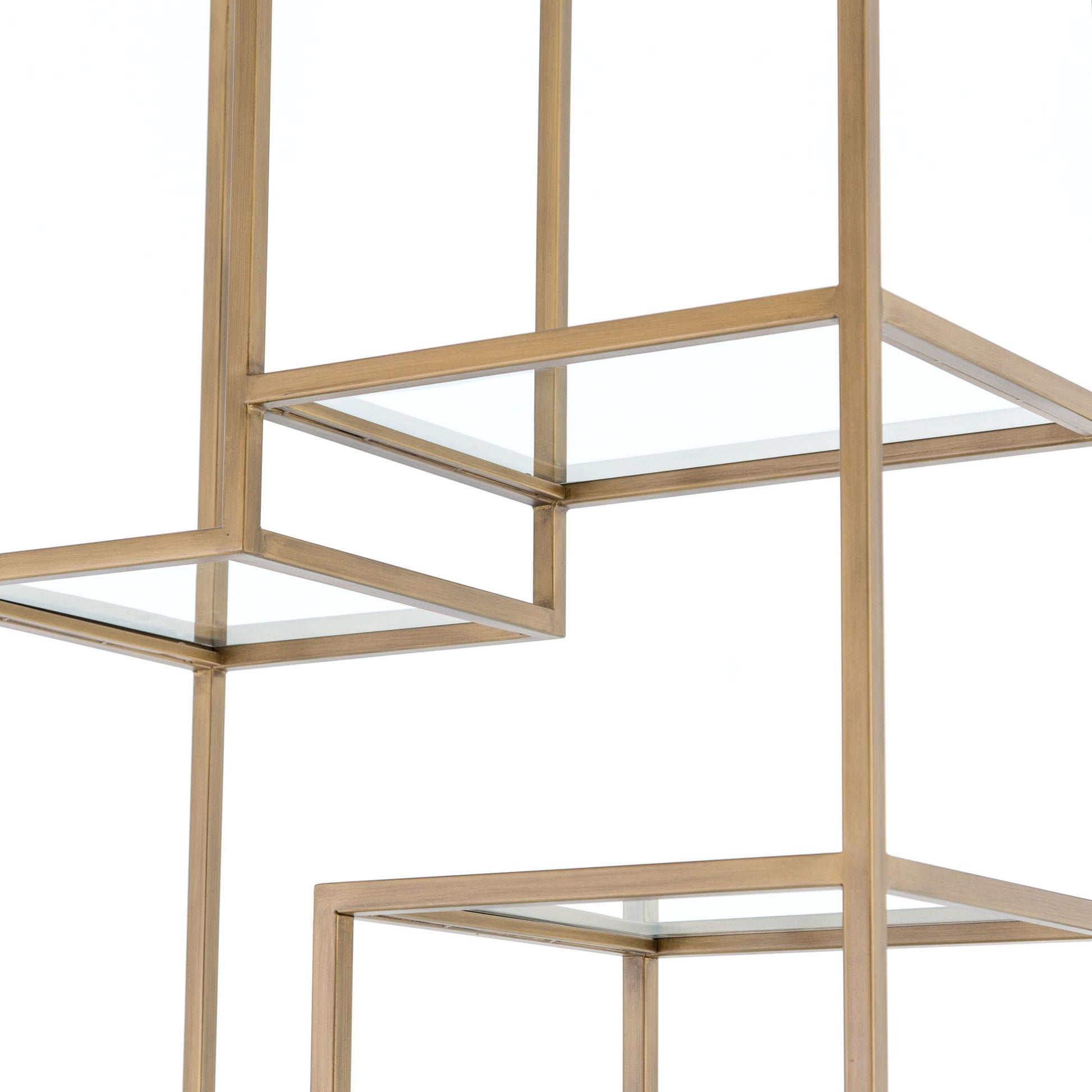 Helena Bookcase by Four Hands in antique brass, clear glass. Made from iron, tempered glass in a cottage & farmhouse style.