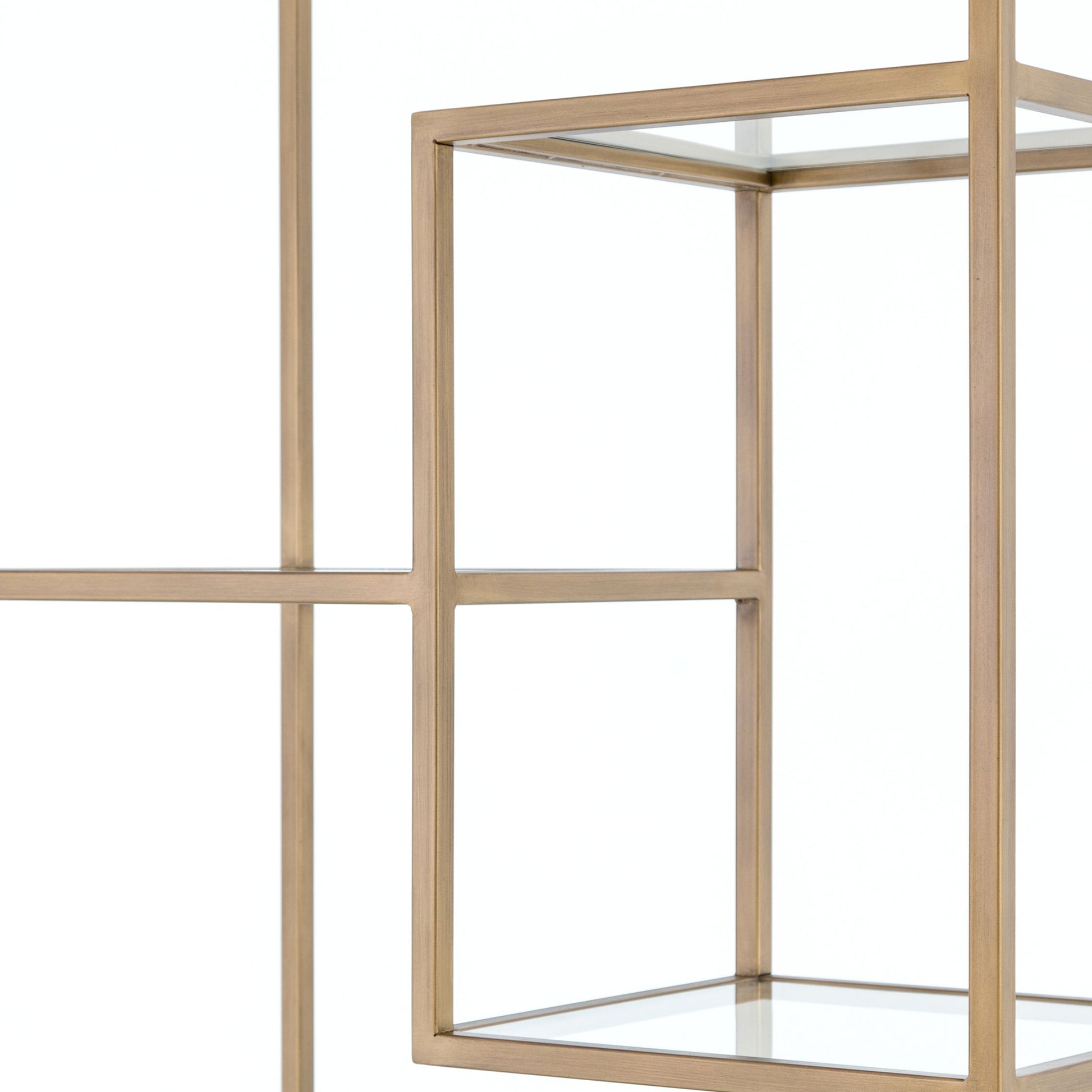 Helena Bookcase by Four Hands in antique brass, clear glass. Made from iron, tempered glass in a cottage & farmhouse style.