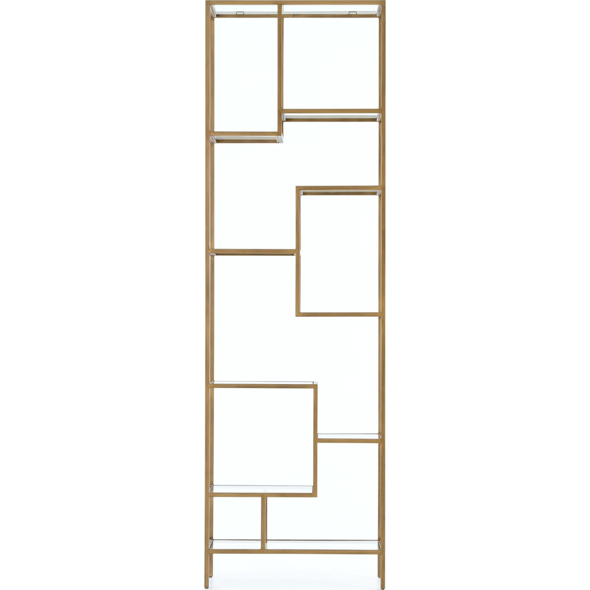 Helena Bookcase by Four Hands in antique brass, clear glass. Made from iron, tempered glass in a cottage & farmhouse style.
