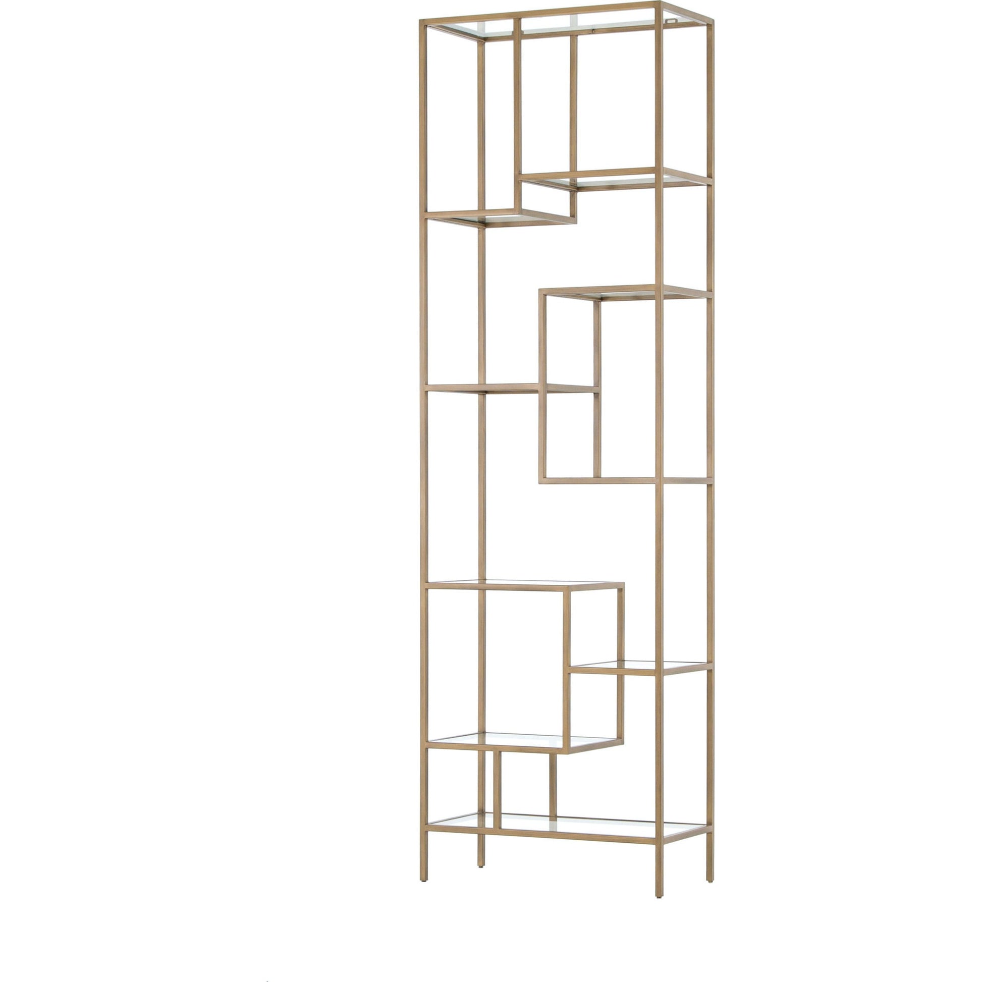 Helena Bookcase by Four Hands in antique brass, clear glass. Made from iron, tempered glass in a cottage & farmhouse style.