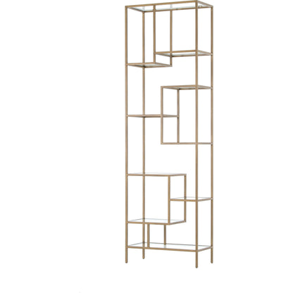 Helena Bookcase by Four Hands in antique brass, clear glass. Made from iron, tempered glass in a cottage & farmhouse style.
