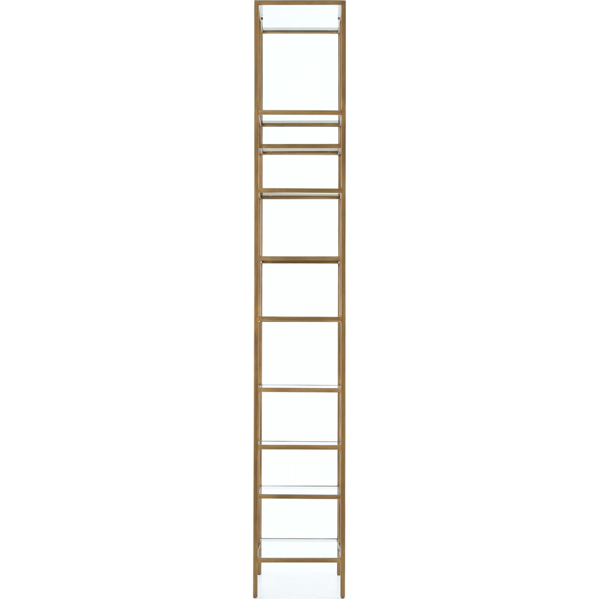 Helena Bookcase by Four Hands in antique brass, clear glass. Made from iron, tempered glass in a cottage & farmhouse style.