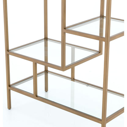 Helena Bookcase by Four Hands in antique brass, clear glass. Made from iron, tempered glass in a cottage & farmhouse style.