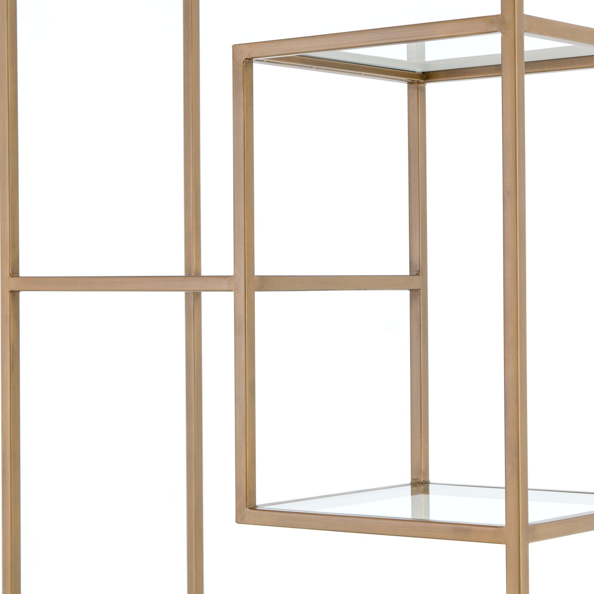 Helena Bookcase by Four Hands in antique brass, clear glass. Made from iron, tempered glass in a cottage & farmhouse style.