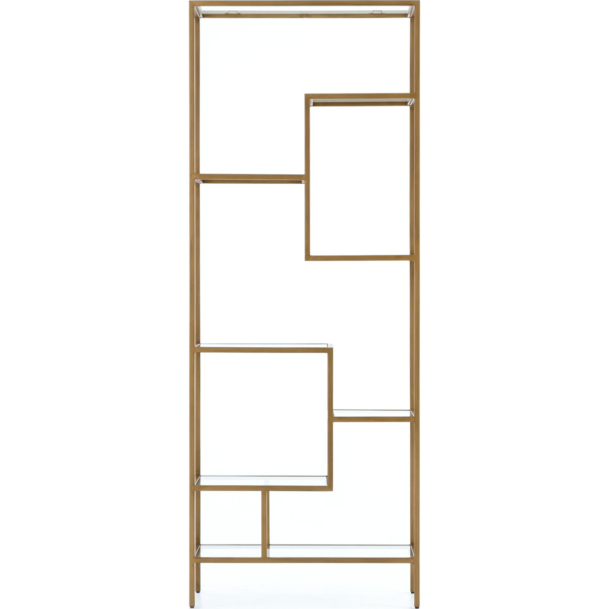 Helena Bookcase by Four Hands in antique brass, clear glass. Made from iron, tempered glass in a cottage & farmhouse style.