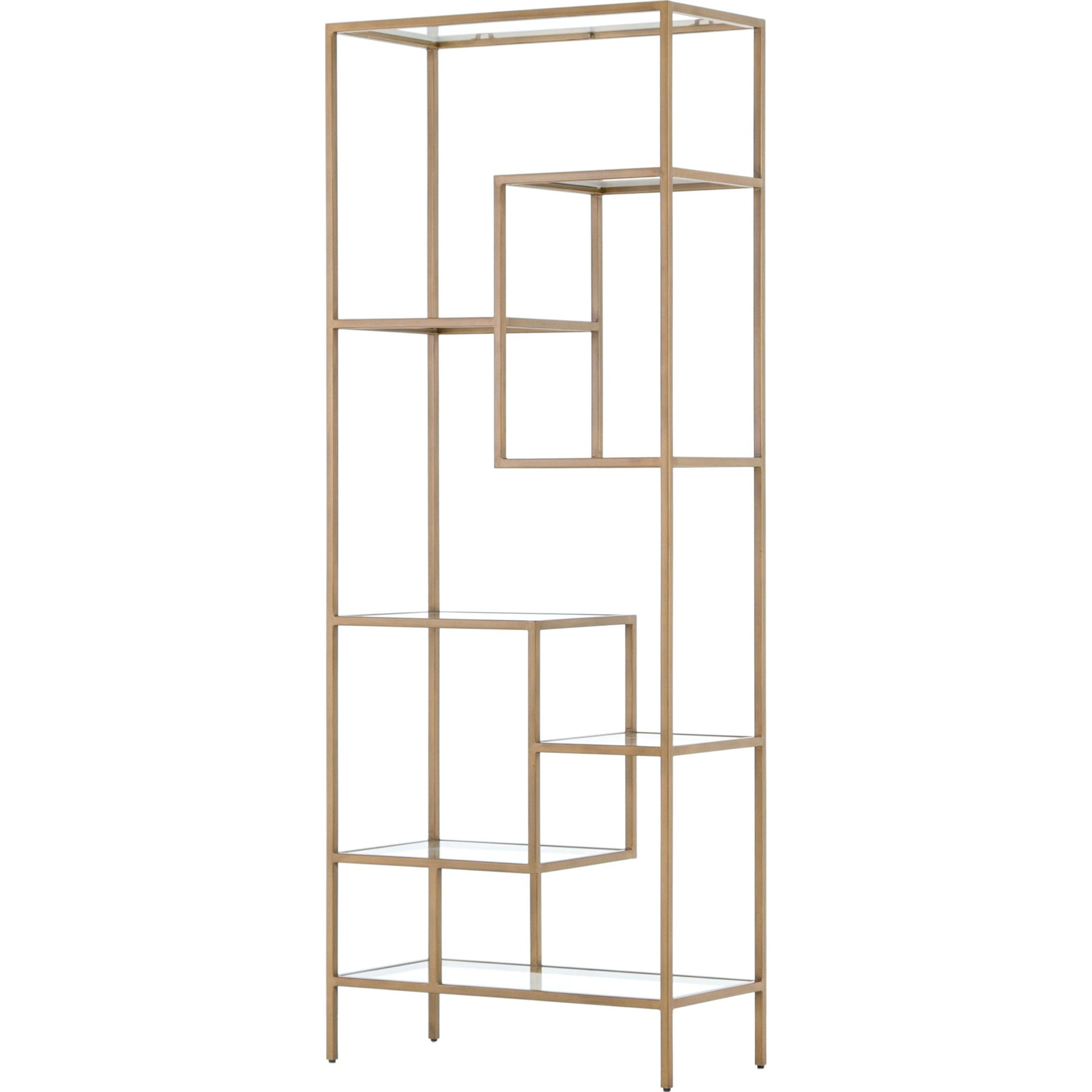 Helena Bookcase by Four Hands in antique brass, clear glass. Made from iron, tempered glass in a cottage & farmhouse style.