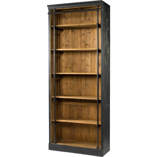 Ivy Bookcase by Four Hands in dark antique bleach, waxed black, matte black. Made from solid reclaimed pine, iron in a cottage & farmhouse style.
