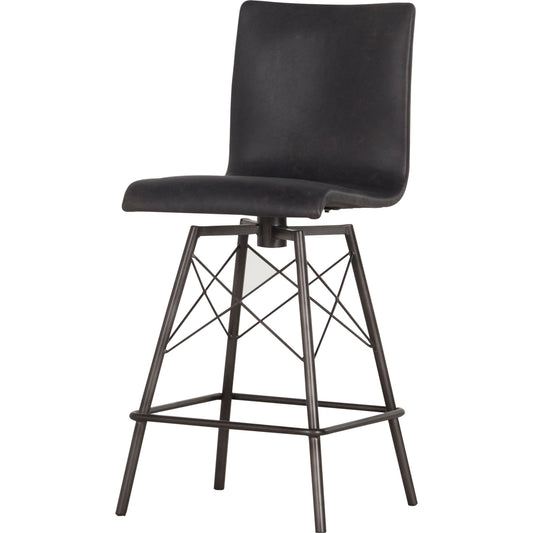 Diaw Counter Stool by Four Hands in waxed black, rialto ebony and rialto ebony. Made from top grain leather, iron, faux leather in a modern style.
