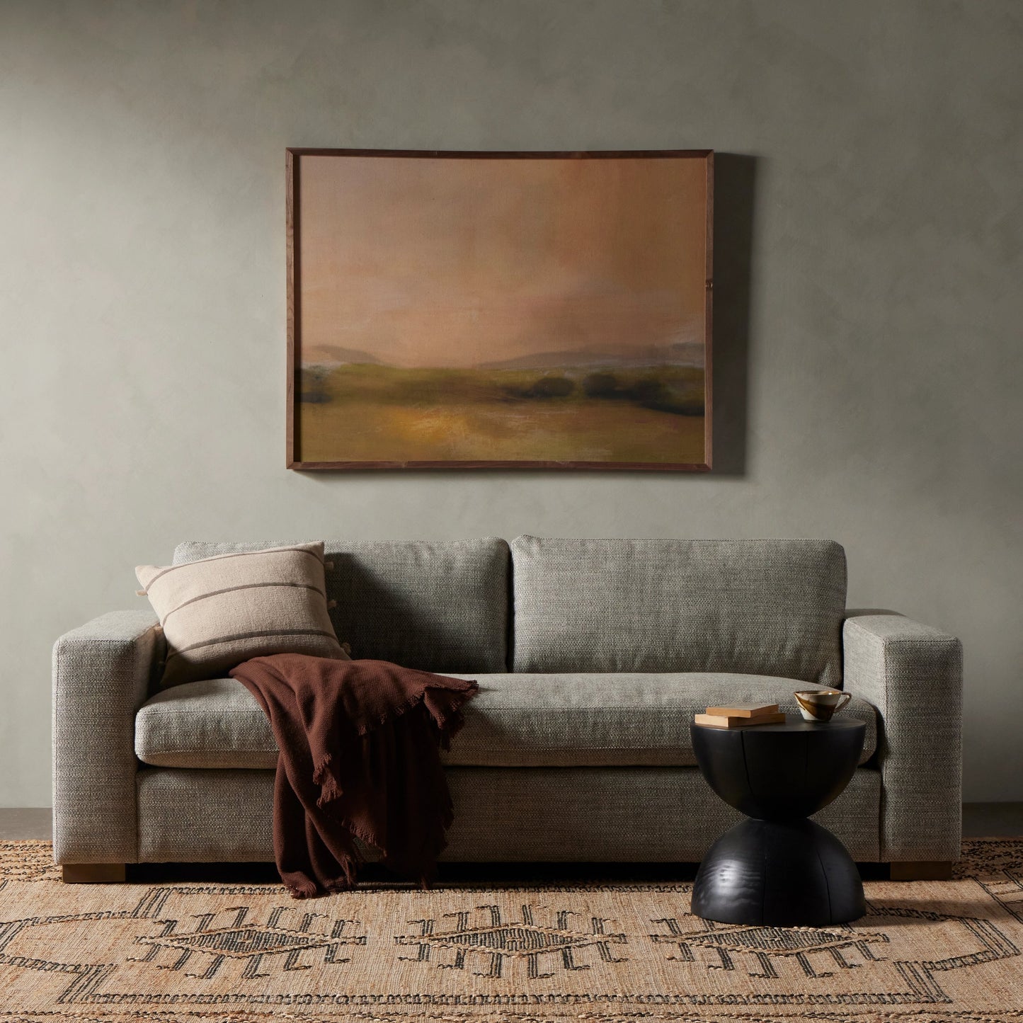 020 SI-1714543 | Lifestyle | Boone Sofa by Four Hands in washed espresso. Made from 66% polyester, 19% acrylic, 15% flax, linen, solid parawood, 100% polyester in a modern style.