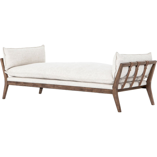 Kerry Chaise by Four Hands in thames cream. Made from 66% polyester, 19% acrylic, 15% flax, linen, solid parawood, top grain leather in a cottage & farmhouse style.
