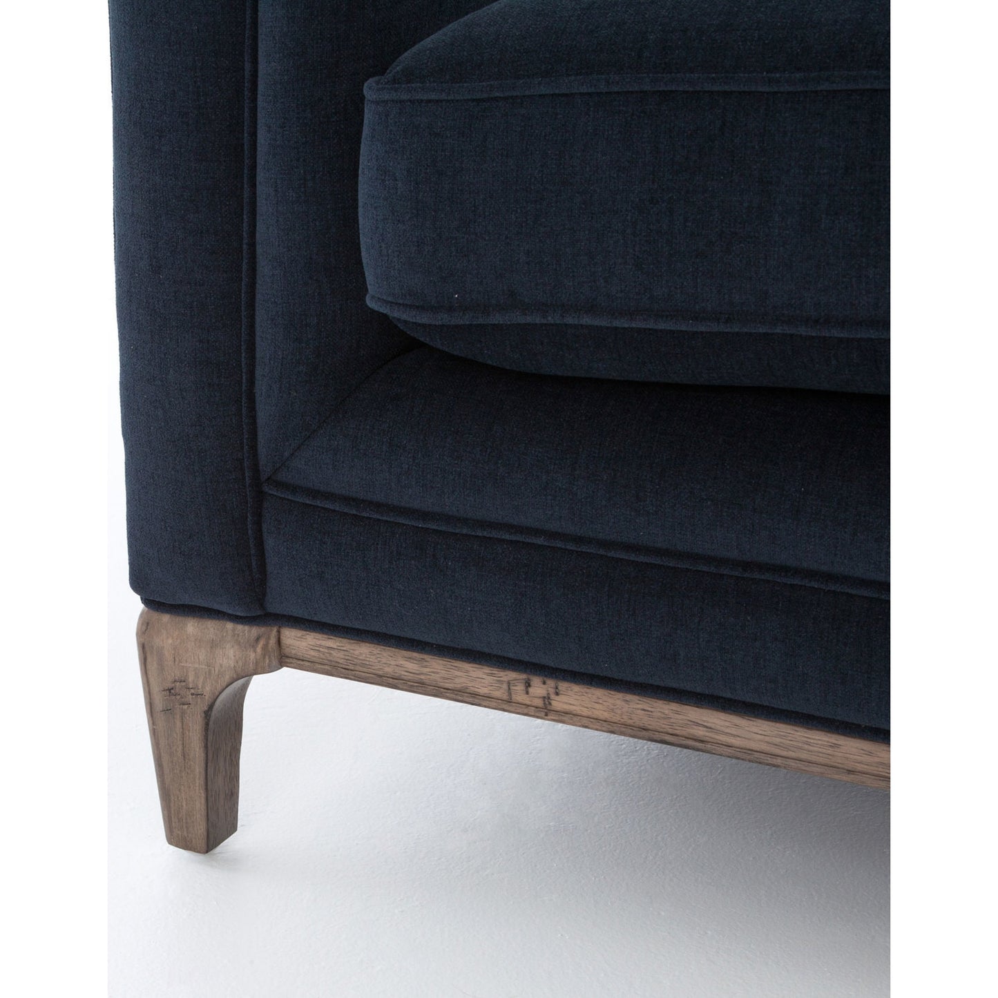 004 S-258325 | Additional Silo | Griffon Sofa by Four Hands in plush navy and plush navy, antique walnut. Made from 100% polyester, solid parawood in a modern style.