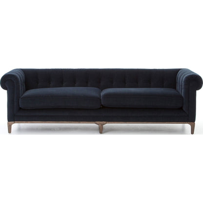 Griffon Sofa by Four Hands in plush navy and plush navy, antique walnut. Made from 100% polyester, solid parawood in a modern style.