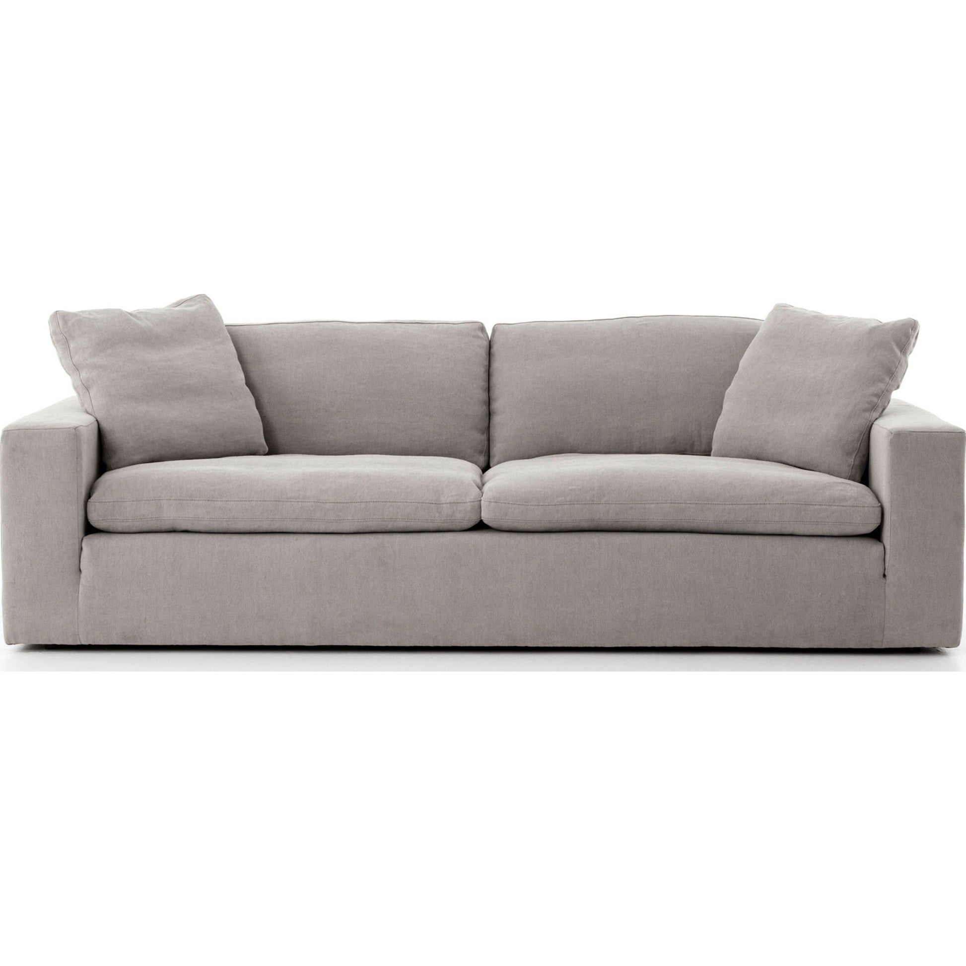 Plume Sofa by Four Hands in thames cream. Made from 66% polyester, 19% acrylic, 15% flax, linen, poplar plywood, 60% waterfowl feather, 40% polyester fiber in a modern style.