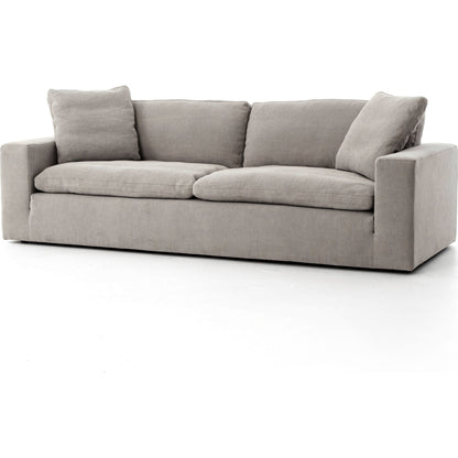 Plume Sofa by Four Hands in thames cream. Made from 66% polyester, 19% acrylic, 15% flax, linen, poplar plywood, 60% waterfowl feather, 40% polyester fiber in a modern style.