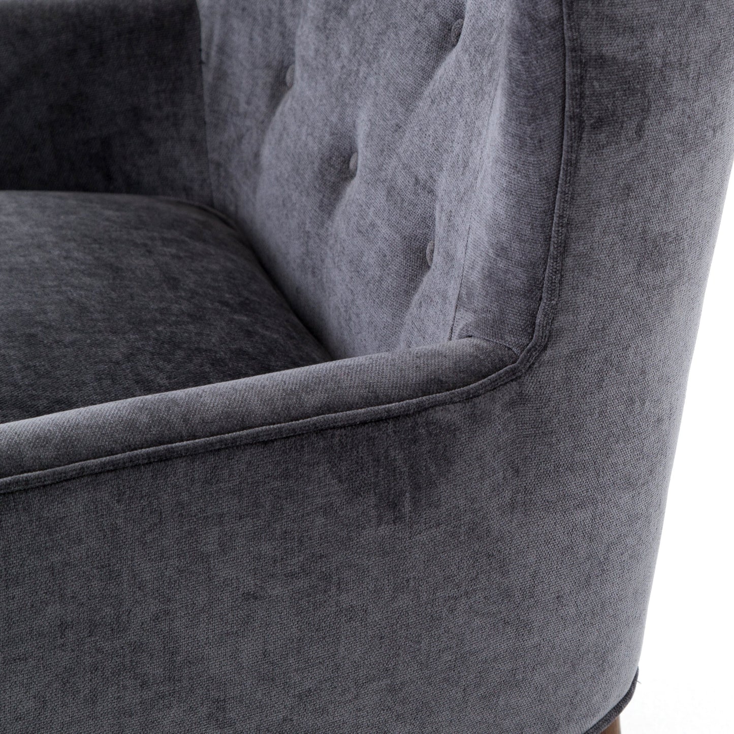 016 S-279238 | Closeup | Clermont Chair by Four Hands in charcoal worn velvet, almond. Made from 100% polyester, solid parawood in a modern style.