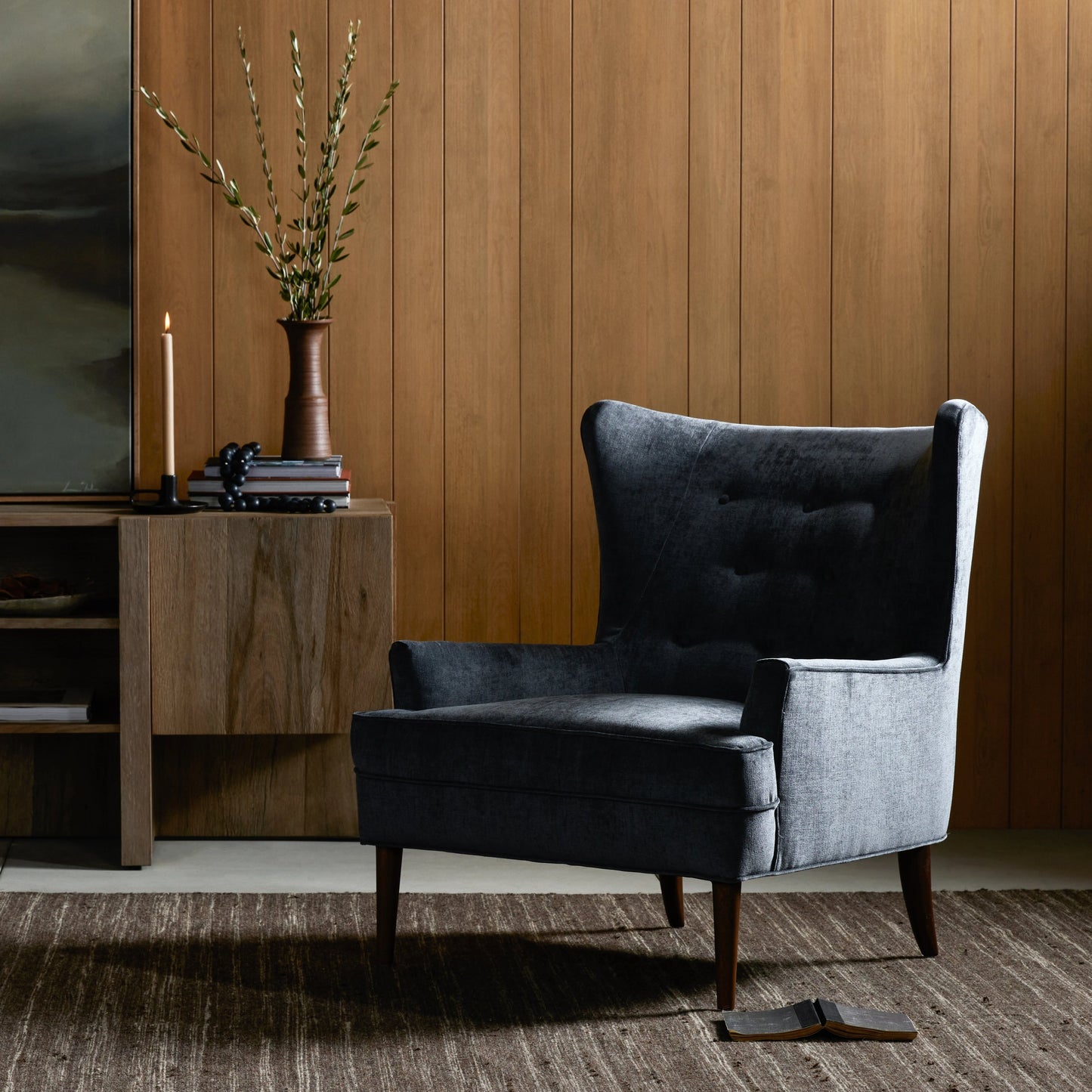 020 S-279238 | Lifestyle | Clermont Chair by Four Hands in charcoal worn velvet, almond. Made from 100% polyester, solid parawood in a modern style.