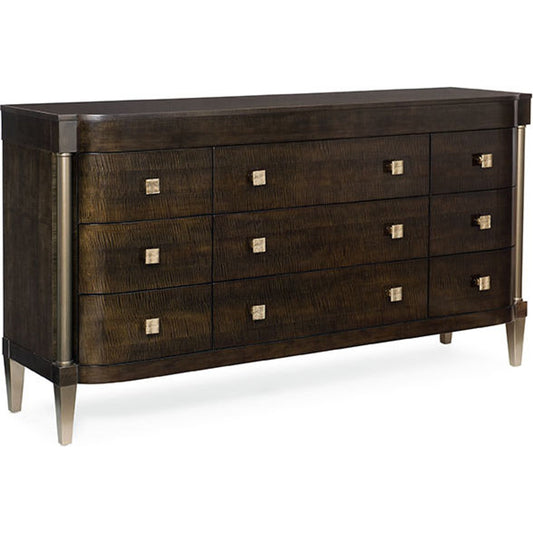 Dramatic Presence Dresser by Caracole in bronze and dark roast, harvest bronze. Made from birch, figured maple in a transitional style.