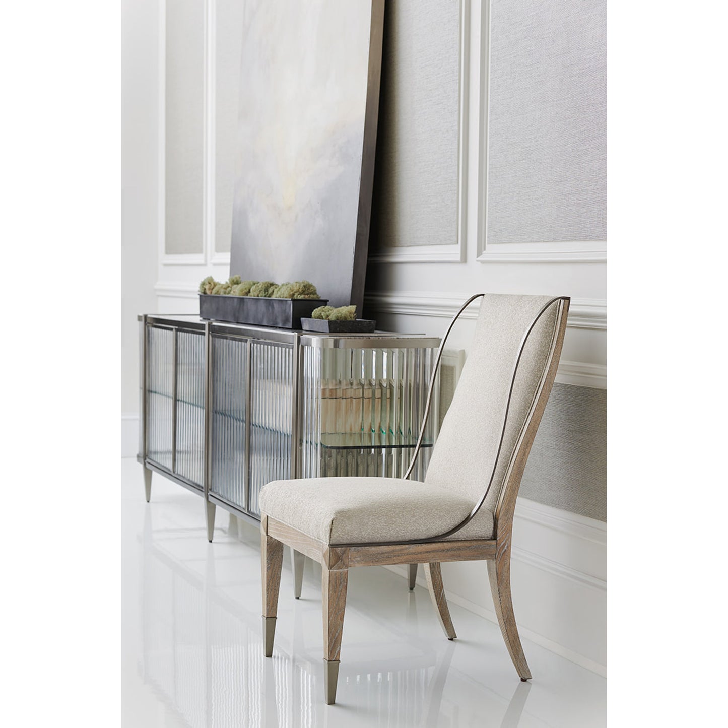 003 SR-845814 | Lifestyle | Open Arms Side Chair by Caracole in natural and ash driftwood. Made from ash in a transitional style.