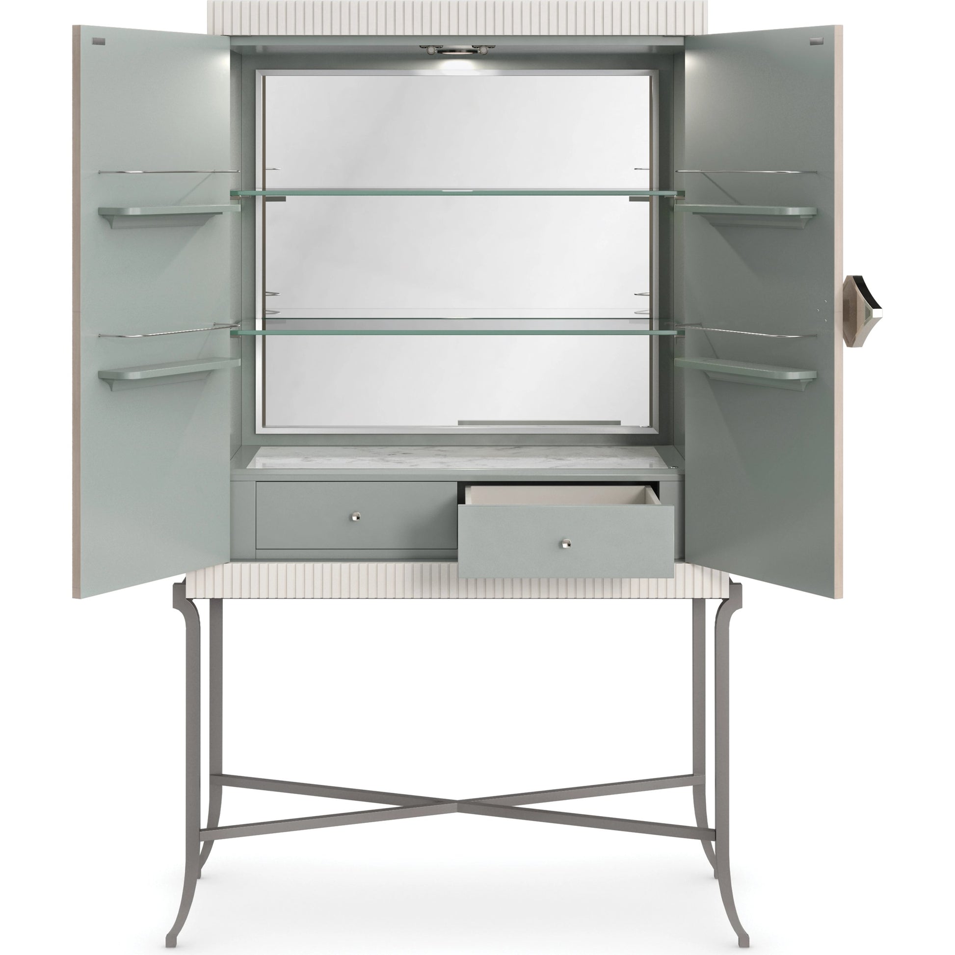 High Expectations by Caracole in white, gold, acrylic, blue, mirrored and moonstone, pearly white, brushed deep bronze. Made from birch, metal, koto 602, maple in a modern style.