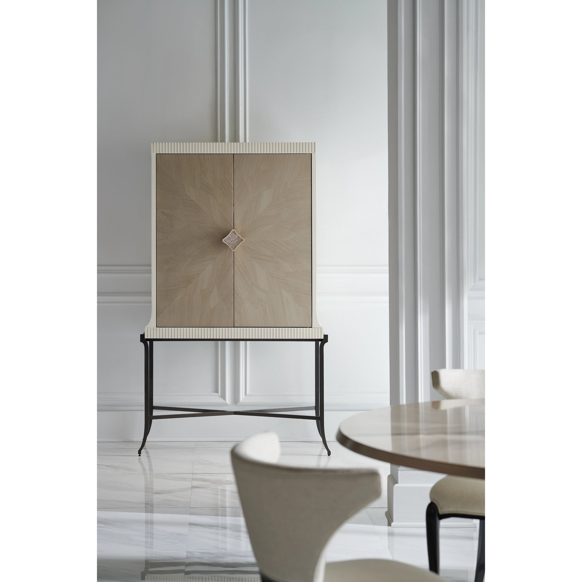 High Expectations by Caracole in white, gold, acrylic, blue, mirrored and moonstone, pearly white, brushed deep bronze. Made from birch, metal, koto 602, maple in a modern style.