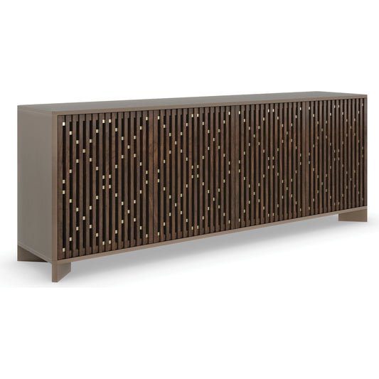Diamond in the Rough by Caracole in gold and brushed antique brass, rich walnut, whisper of gold. Made from birch, walnut, maple in a modern style.