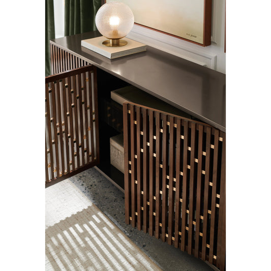 Diamond in the Rough by Caracole in gold and brushed antique brass, rich walnut, whisper of gold. Made from birch, walnut, maple in a modern style.