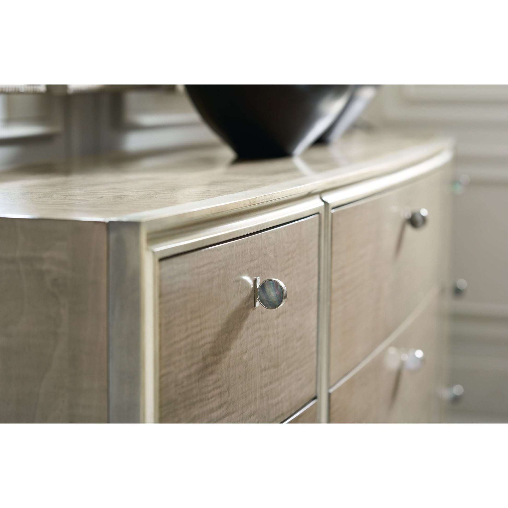 Made to Shine Dresser by Caracole in silver and moonlit sand, soft silver leaf. Made from pine, birch, silver curly maple in a transitional style.