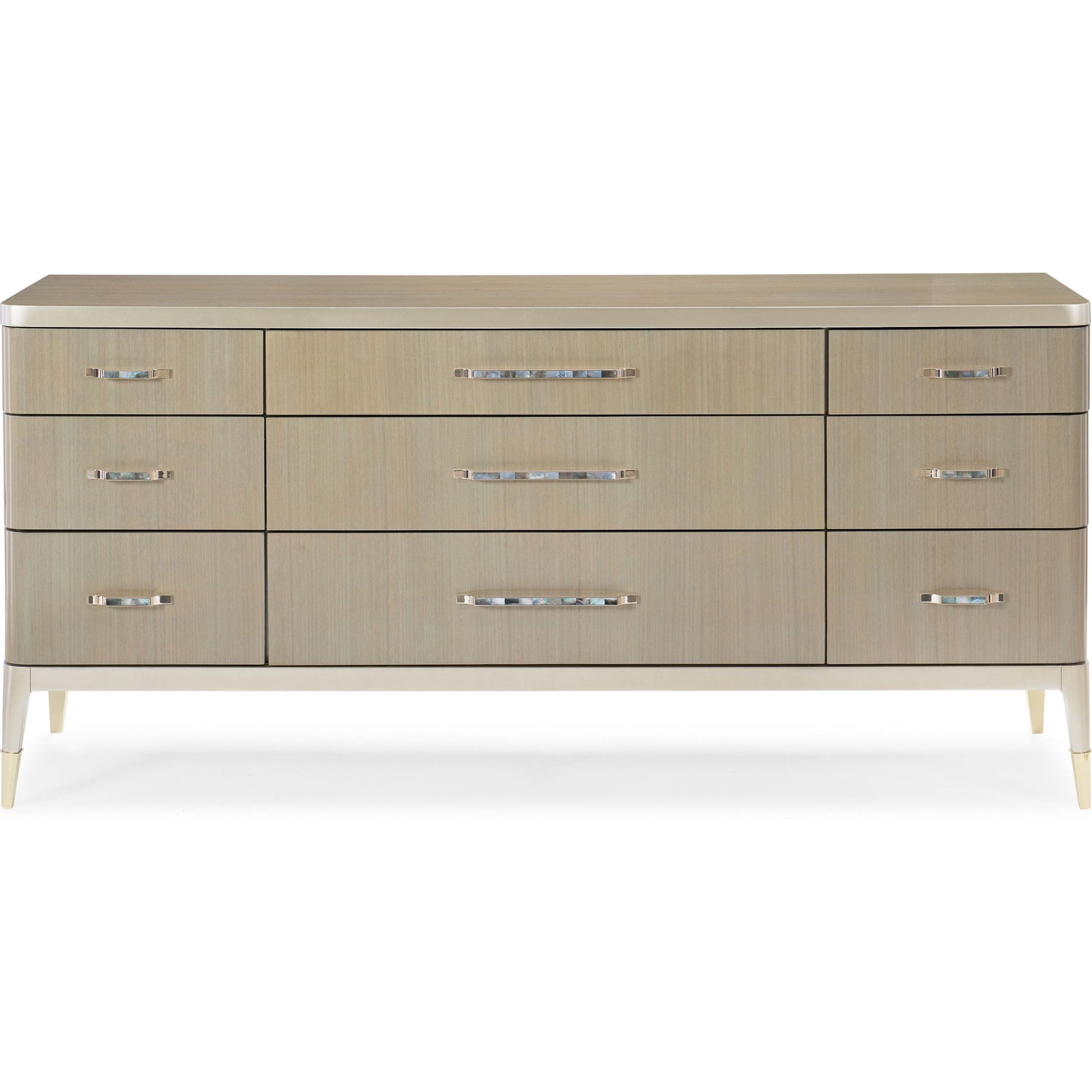 All Dressed Up Dresser by Caracole in champagne and champagne shimmer, taupe paint, whisper of gold. Made from birch, koto in a transitional style.