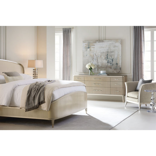 All Dressed Up Dresser by Caracole in champagne and champagne shimmer, taupe paint, whisper of gold. Made from birch, koto in a transitional style.