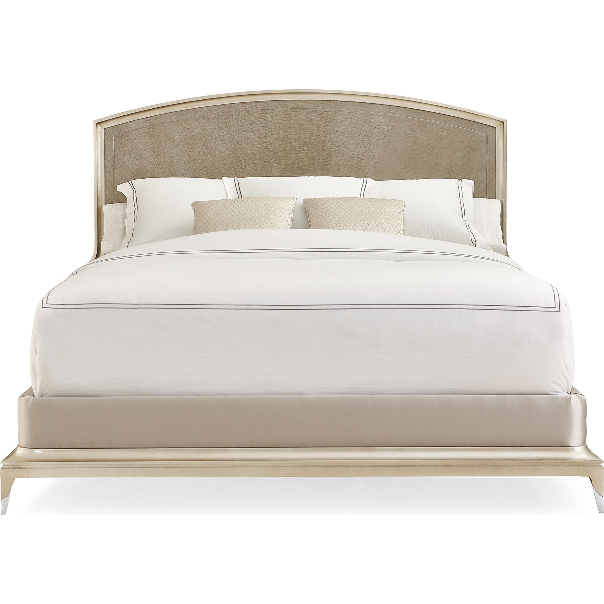 Rise to the Occasion Bed by Caracole in soft silver leaf, moonlit sand, lightly brushed chrome. Made from birch, silver curly maple in a transitional style.