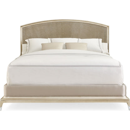 Rise to the Occasion Bed by Caracole in soft silver leaf, moonlit sand, lightly brushed chrome. Made from birch, silver curly maple in a transitional style.