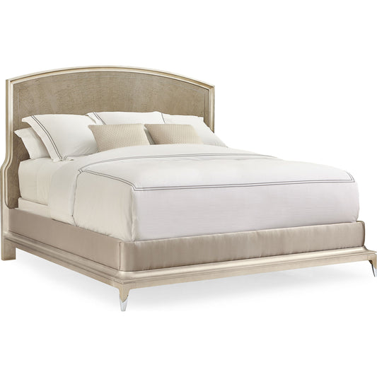 Rise to the Occasion Bed by Caracole in soft silver leaf, moonlit sand, lightly brushed chrome. Made from birch, silver curly maple in a transitional style.