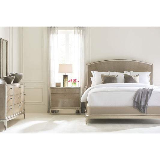 Rise to the Occasion Bed by Caracole in soft silver leaf, moonlit sand, lightly brushed chrome. Made from birch, silver curly maple in a transitional style.