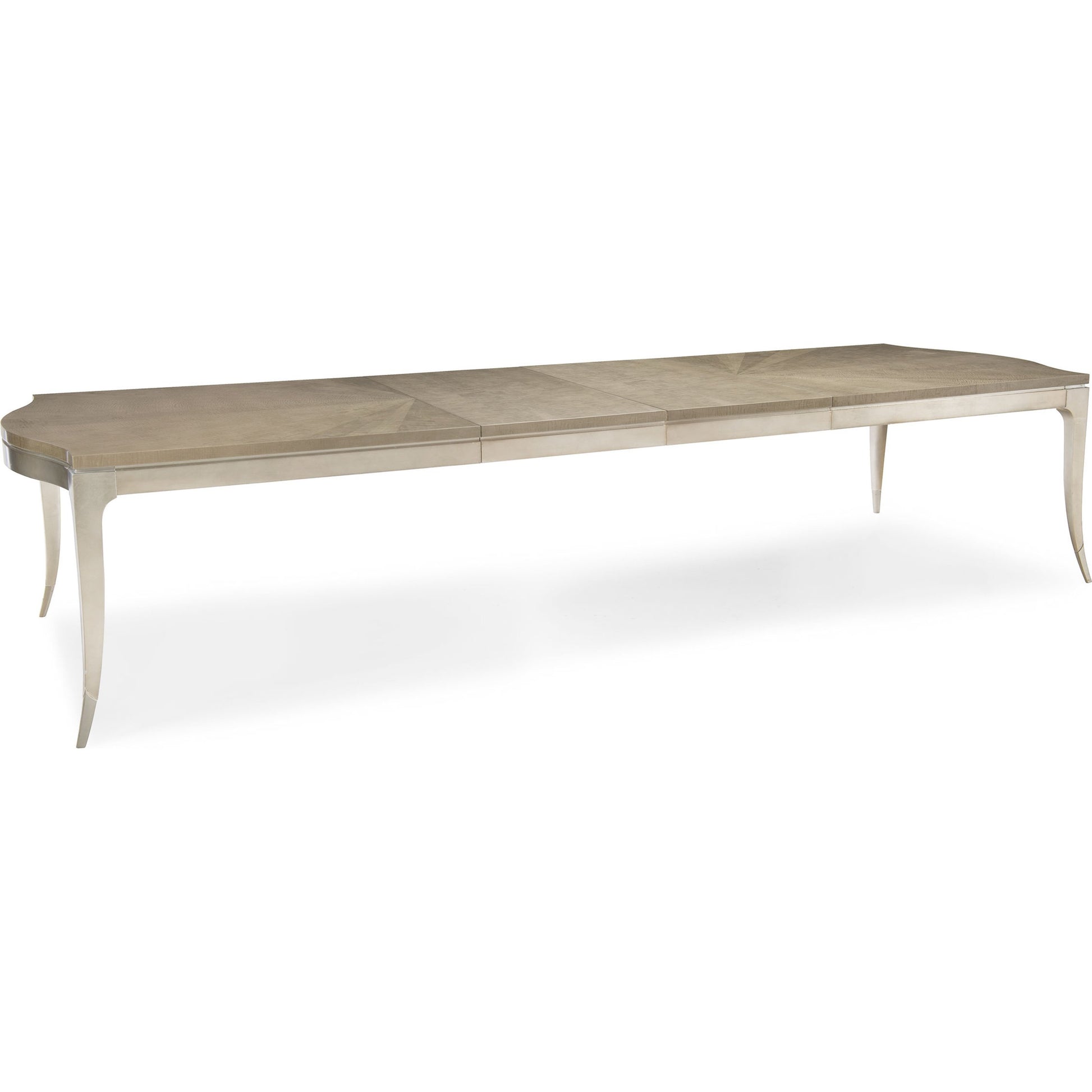 On a Silver Platter Dining Table by Caracole in maple, silver and moonlit sand, soft silver leaf. Made from pine, birch, silver curly maple in a transitional style.