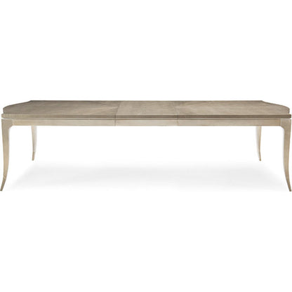 On a Silver Platter Dining Table by Caracole in maple, silver and moonlit sand, soft silver leaf. Made from pine, birch, silver curly maple in a transitional style.