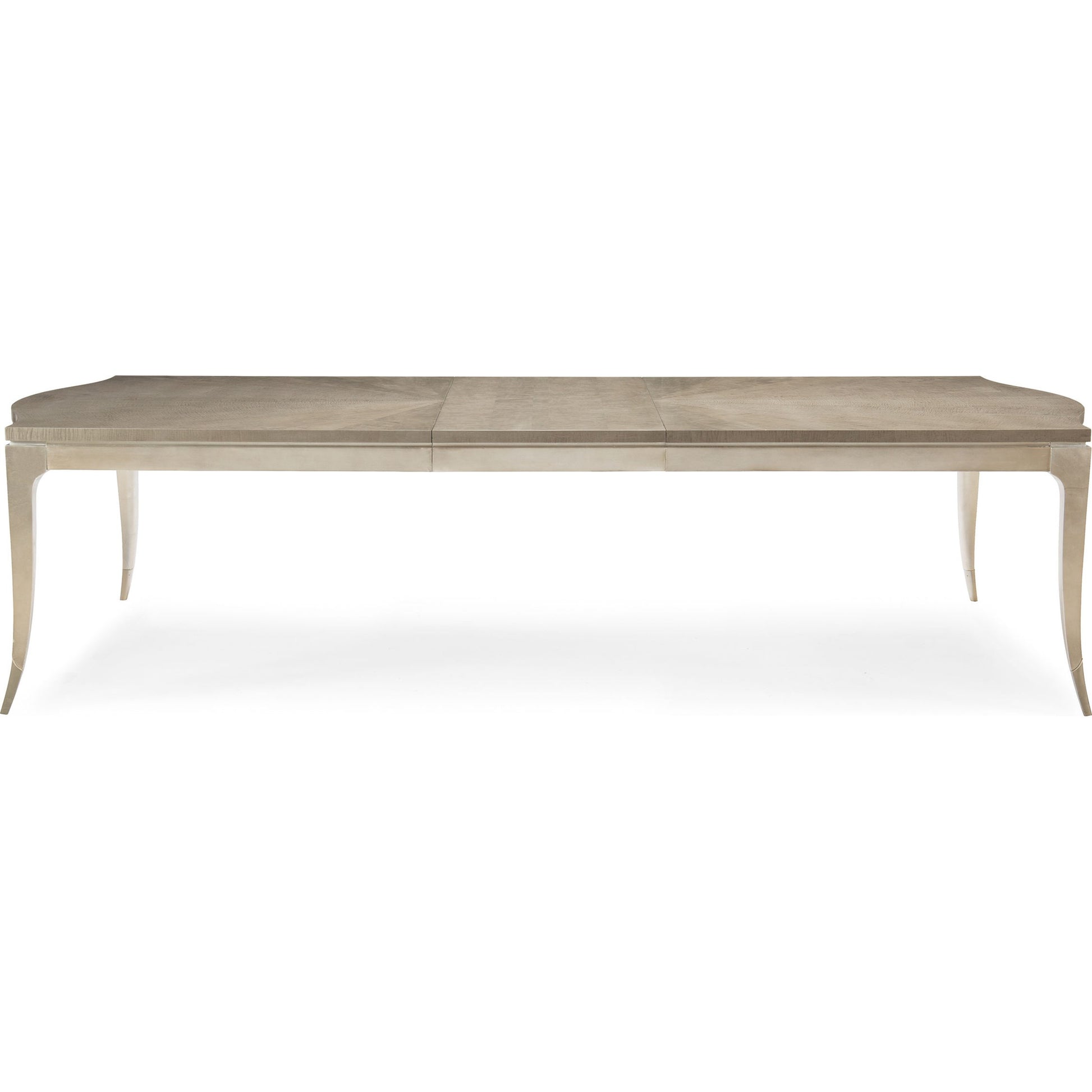 On a Silver Platter Dining Table by Caracole in maple, silver and moonlit sand, soft silver leaf. Made from pine, birch, silver curly maple in a transitional style.