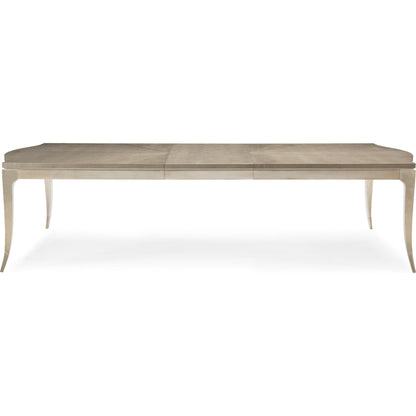 On a Silver Platter Dining Table by Caracole in maple, silver and moonlit sand, soft silver leaf. Made from pine, birch, silver curly maple in a transitional style.