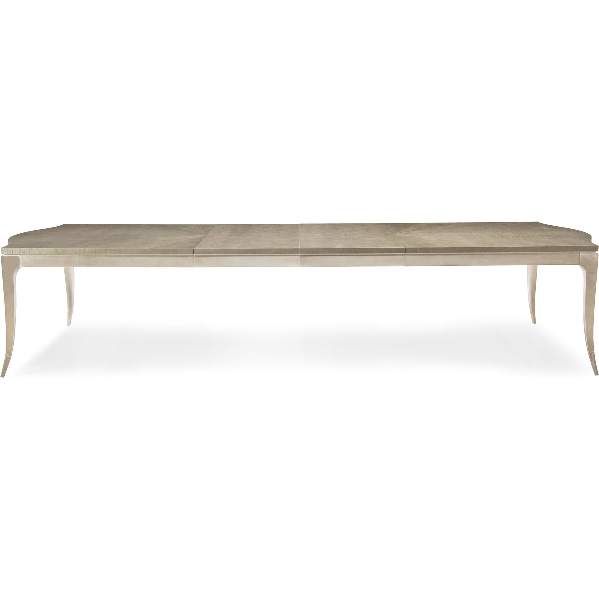 On a Silver Platter Dining Table by Caracole in maple, silver and moonlit sand, soft silver leaf. Made from pine, birch, silver curly maple in a transitional style.