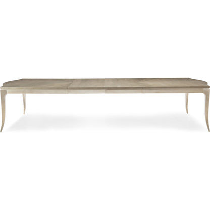 On a Silver Platter Dining Table by Caracole in maple, silver and moonlit sand, soft silver leaf. Made from pine, birch, silver curly maple in a transitional style.
