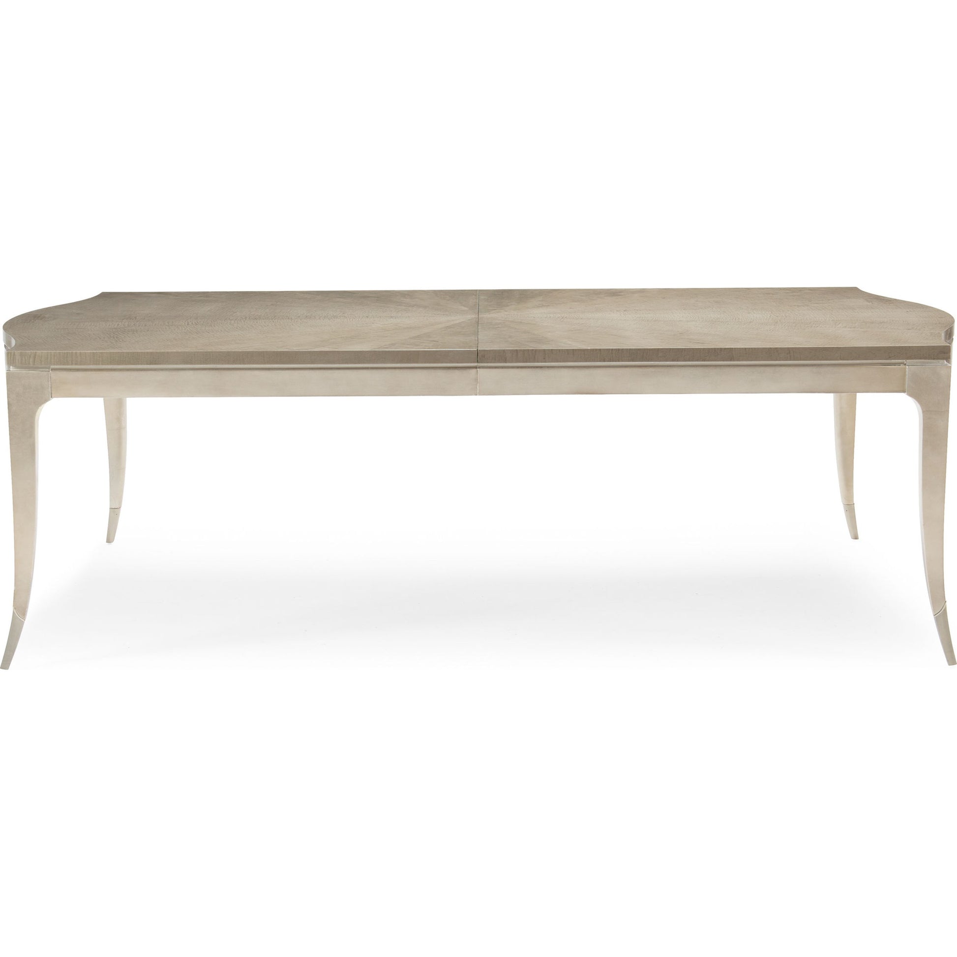 On a Silver Platter Dining Table by Caracole in maple, silver and moonlit sand, soft silver leaf. Made from pine, birch, silver curly maple in a transitional style.