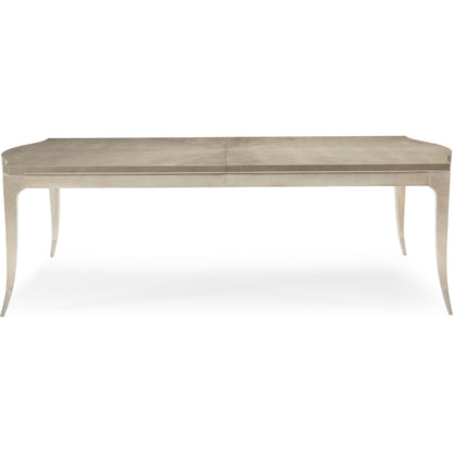 On a Silver Platter Dining Table by Caracole in maple, silver and moonlit sand, soft silver leaf. Made from pine, birch, silver curly maple in a transitional style.