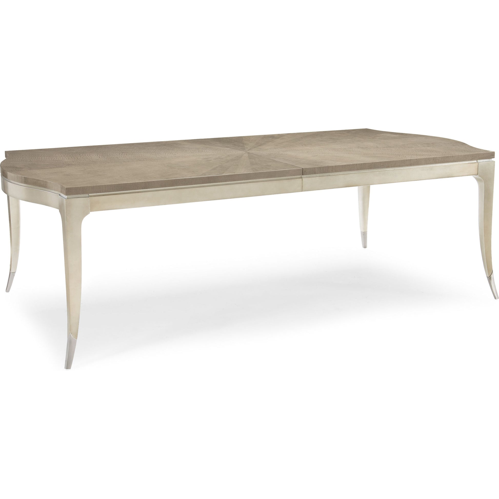 On a Silver Platter Dining Table by Caracole in maple, silver and moonlit sand, soft silver leaf. Made from pine, birch, silver curly maple in a transitional style.